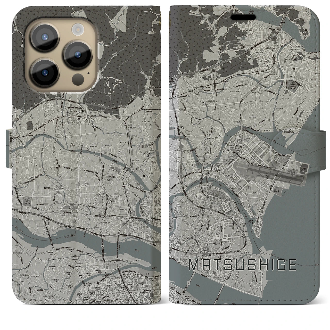 【松茂】地図柄iPhoneケース（手帳両面タイプ・モノトーン）iPhone 14 Pro Max 用