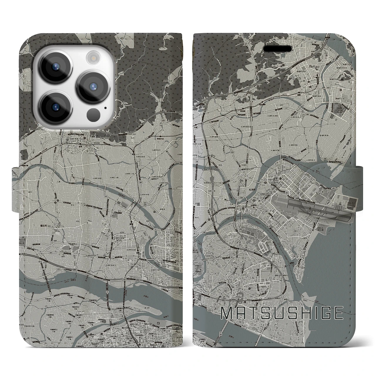 【松茂】地図柄iPhoneケース（手帳両面タイプ・モノトーン）iPhone 14 Pro 用