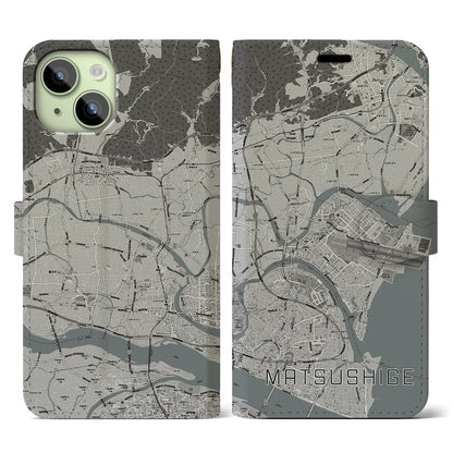 【松茂（徳島県）】地図柄iPhoneケース（手帳タイプ）モノトーン・iPhone 15 用