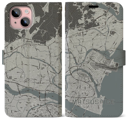 【松茂（徳島県）】地図柄iPhoneケース（手帳タイプ）モノトーン・iPhone 15 Plus 用