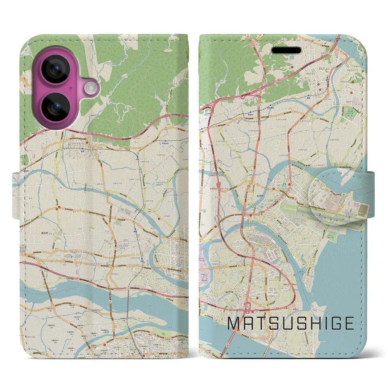 【松茂（徳島県）】地図柄iPhoneケース（手帳タイプ）ナチュラル・iPhone 16 Pro 用