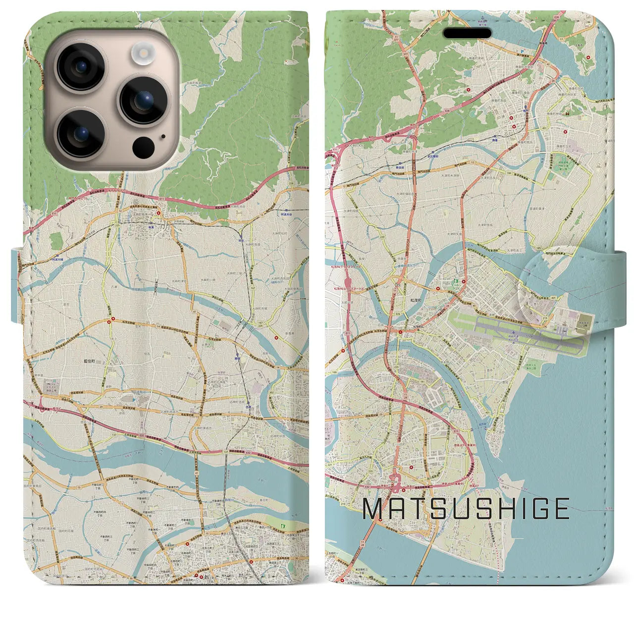 【松茂（徳島県）】地図柄iPhoneケース（手帳タイプ）ナチュラル・iPhone 16 Plus 用