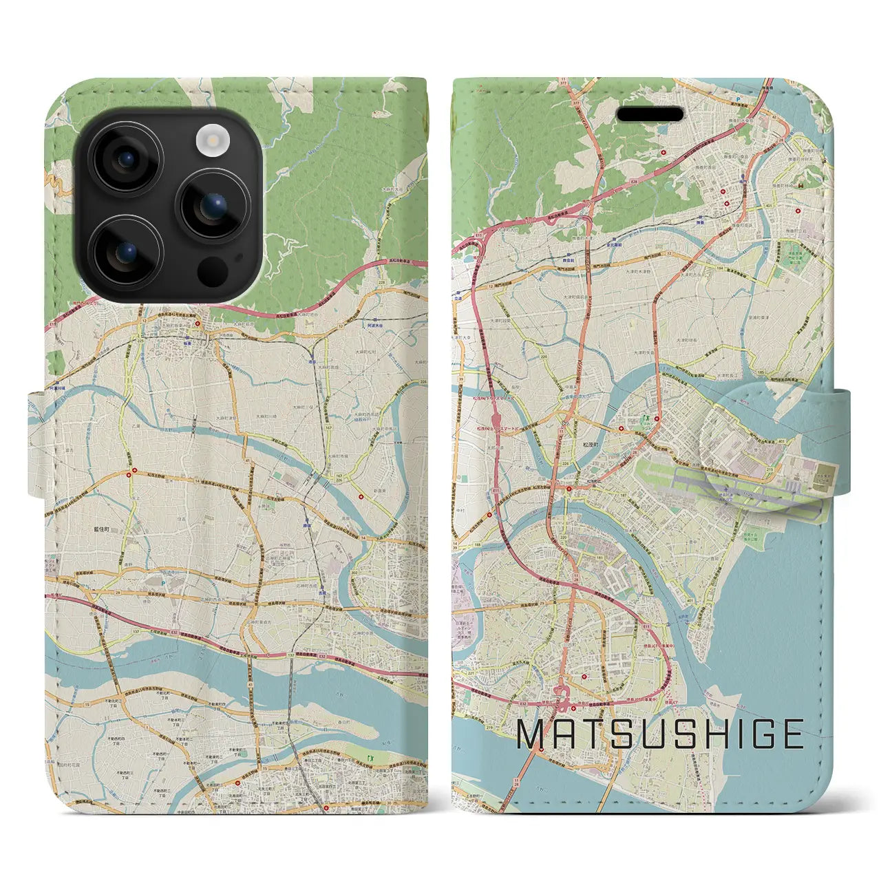 【松茂（徳島県）】地図柄iPhoneケース（手帳タイプ）ナチュラル・iPhone 16 用