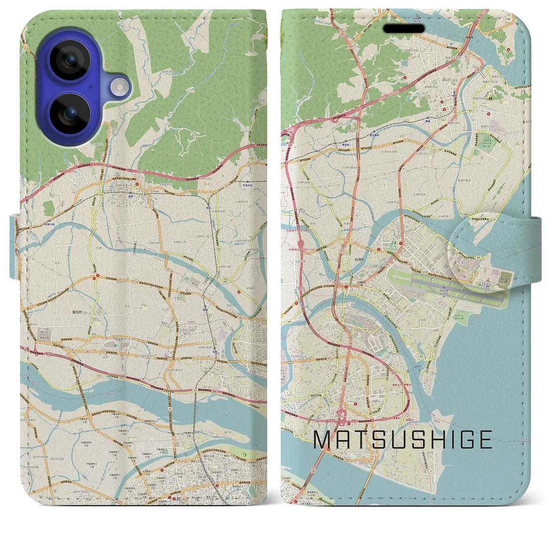 【松茂（徳島県）】地図柄iPhoneケース（手帳タイプ）ナチュラル・iPhone 16 Pro Max 用