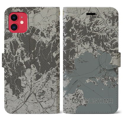 【松島（宮城県）】地図柄iPhoneケース（手帳タイプ）モノトーン・iPhone 11 用