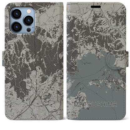 【松島（宮城県）】地図柄iPhoneケース（手帳タイプ）モノトーン・iPhone 13 Pro Max 用