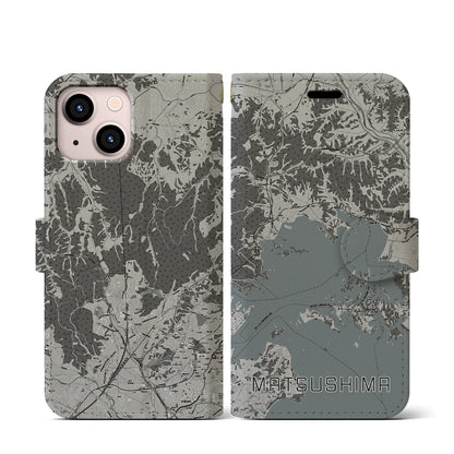 【松島（宮城県）】地図柄iPhoneケース（手帳タイプ）モノトーン・iPhone 13 mini 用