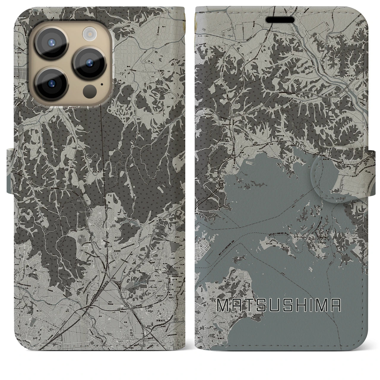 【松島】地図柄iPhoneケース（手帳両面タイプ・モノトーン）iPhone 14 Pro Max 用