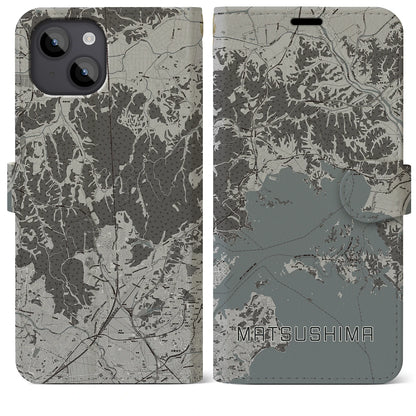 【松島（宮城県）】地図柄iPhoneケース（手帳タイプ）モノトーン・iPhone 14 Plus 用