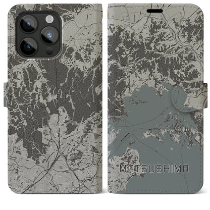 【松島（宮城県）】地図柄iPhoneケース（手帳タイプ）モノトーン・iPhone 15 Pro Max 用