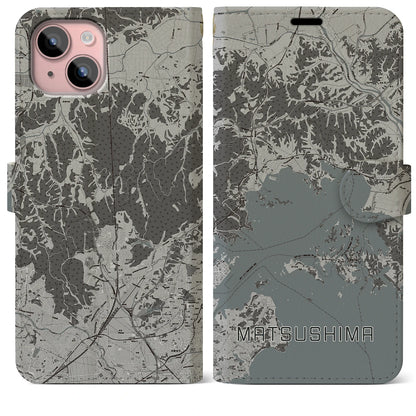 【松島（宮城県）】地図柄iPhoneケース（手帳タイプ）モノトーン・iPhone 15 Plus 用