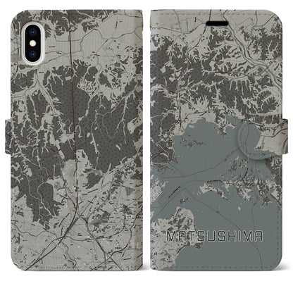 【松島（宮城県）】地図柄iPhoneケース（手帳タイプ）モノトーン・iPhone XS Max 用