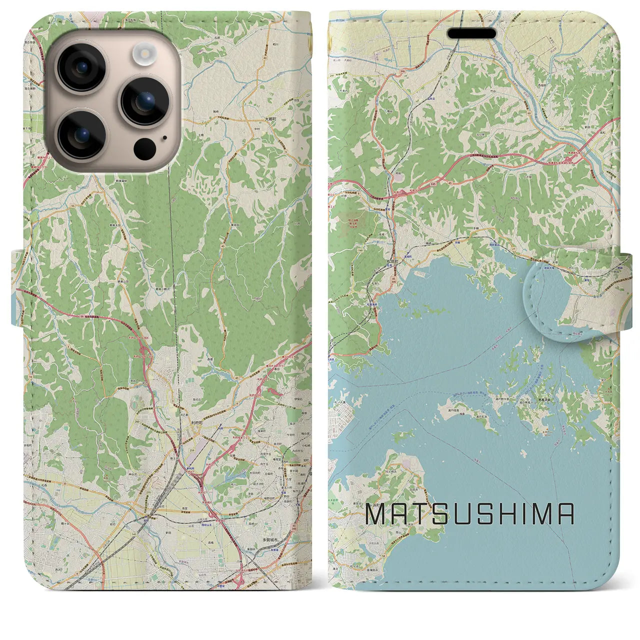 【松島（宮城県）】地図柄iPhoneケース（手帳タイプ）ナチュラル・iPhone 16 Plus 用