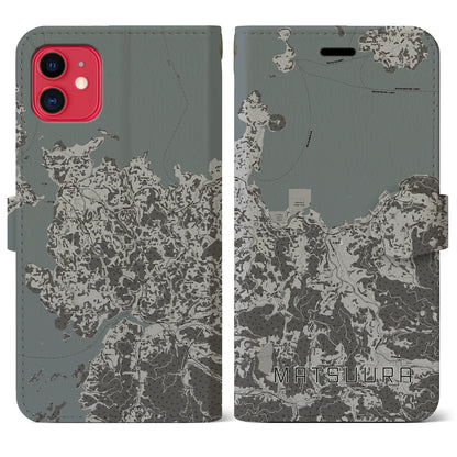 【松浦（長崎県）】地図柄iPhoneケース（手帳タイプ）モノトーン・iPhone 11 用