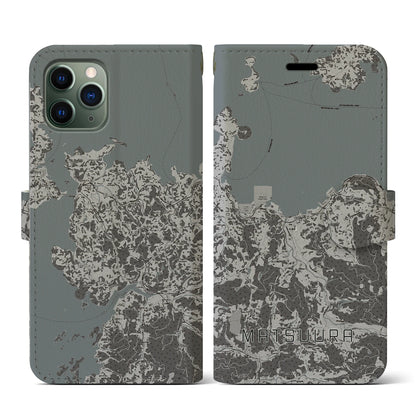 【松浦（長崎県）】地図柄iPhoneケース（手帳タイプ）モノトーン・iPhone 11 Pro 用
