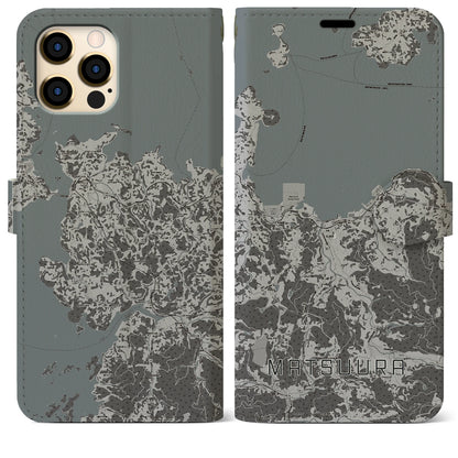 【松浦（長崎県）】地図柄iPhoneケース（手帳タイプ）モノトーン・iPhone 12 Pro Max 用