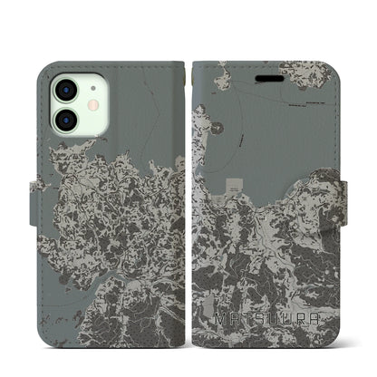 【松浦（長崎県）】地図柄iPhoneケース（手帳タイプ）モノトーン・iPhone 12 mini 用