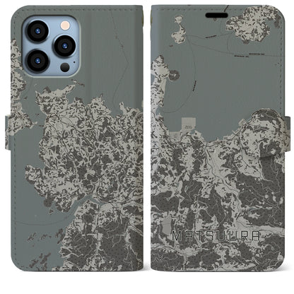 【松浦（長崎県）】地図柄iPhoneケース（手帳タイプ）モノトーン・iPhone 13 Pro Max 用