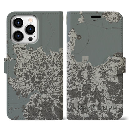 【松浦（長崎県）】地図柄iPhoneケース（手帳タイプ）モノトーン・iPhone 13 Pro 用