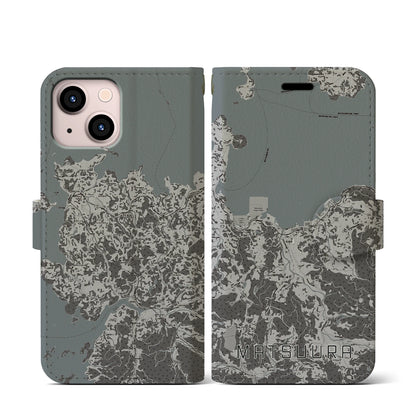 【松浦（長崎県）】地図柄iPhoneケース（手帳タイプ）モノトーン・iPhone 13 mini 用