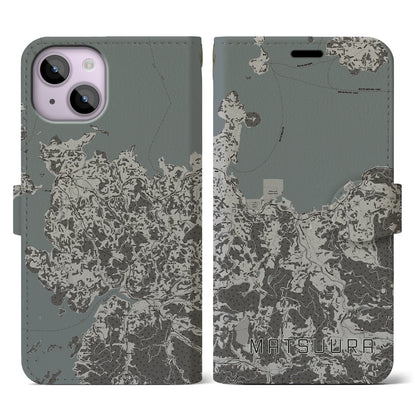 【松浦（長崎県）】地図柄iPhoneケース（手帳タイプ）モノトーン・iPhone 14 用