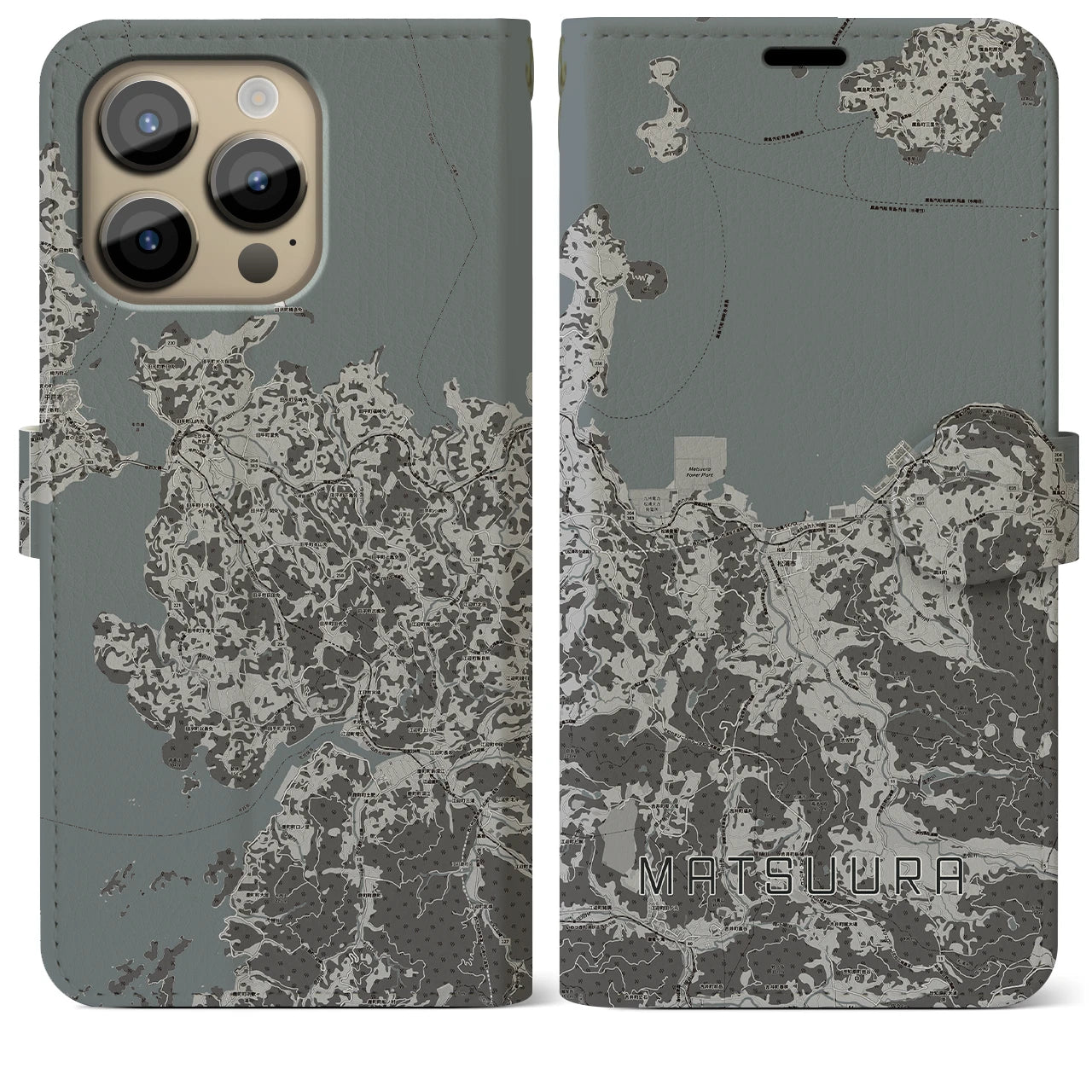 【松浦】地図柄iPhoneケース（手帳両面タイプ・モノトーン）iPhone 14 Pro Max 用