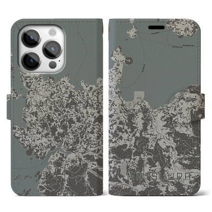 【松浦（長崎県）】地図柄iPhoneケース（手帳タイプ）モノトーン・iPhone 14 Pro 用