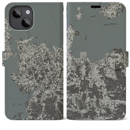 【松浦（長崎県）】地図柄iPhoneケース（手帳タイプ）モノトーン・iPhone 14 Plus 用