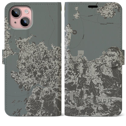 【松浦（長崎県）】地図柄iPhoneケース（手帳タイプ）モノトーン・iPhone 15 Plus 用