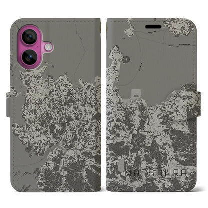 【松浦（長崎県）】地図柄iPhoneケース（手帳タイプ）モノトーン・iPhone 16 Pro 用
