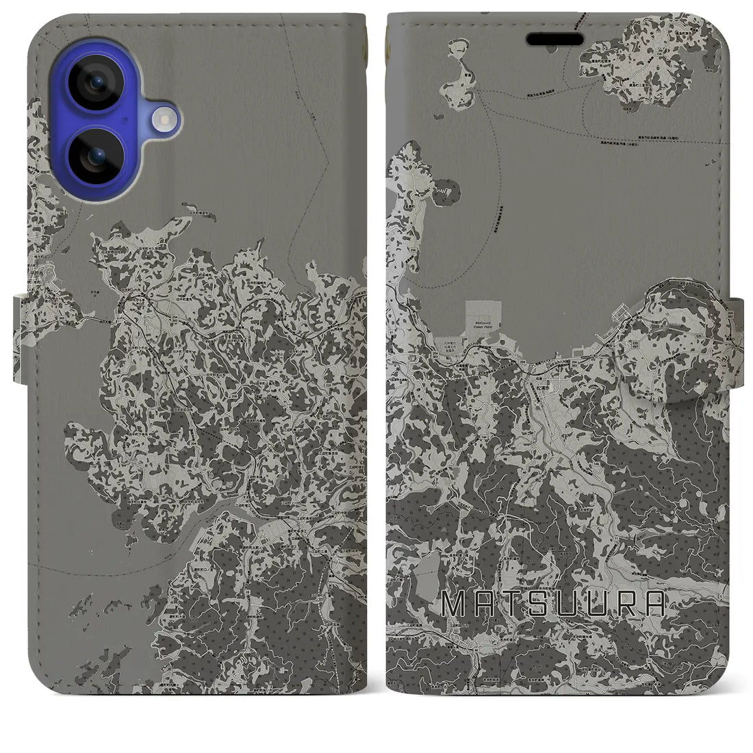 【松浦(長崎県)】地図柄iPhoneケース(手帳タイプ)モノトーン・iPhone 16 Pro Max 用