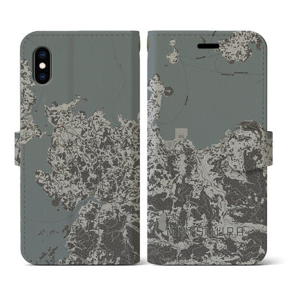 【松浦（長崎県）】地図柄iPhoneケース（手帳タイプ）モノトーン・iPhone XS / X 用