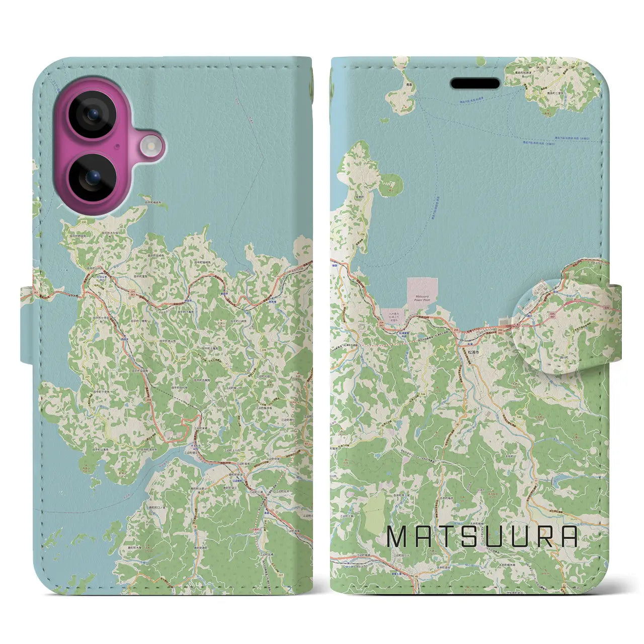 【松浦（長崎県）】地図柄iPhoneケース（手帳タイプ）ナチュラル・iPhone 16 Pro 用