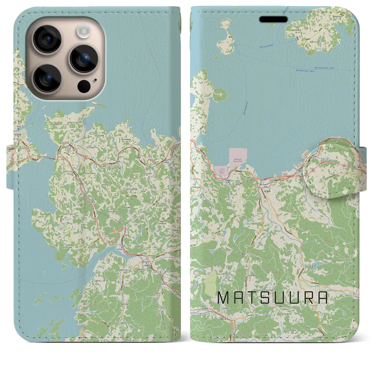 【松浦（長崎県）】地図柄iPhoneケース（手帳タイプ）ナチュラル・iPhone 16 Plus 用