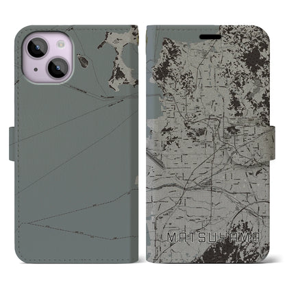 【松山（愛媛県）】地図柄iPhoneケース（手帳タイプ）モノトーン・iPhone 14 用