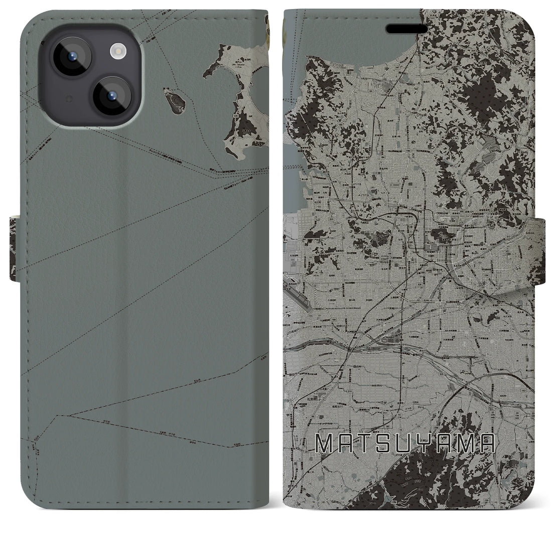 【松山(愛媛県)】地図柄iPhoneケース(手帳タイプ)モノトーン・iPhone 14 Plus 用