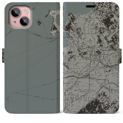 【松山（愛媛県）】地図柄iPhoneケース（手帳タイプ）モノトーン・iPhone 15 Plus 用