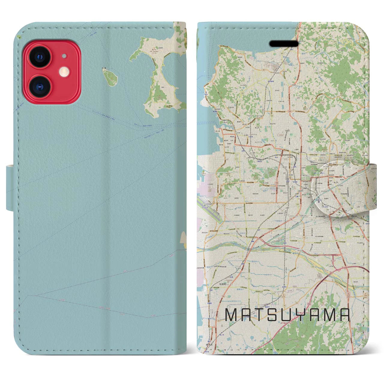 【松山（愛媛県）】地図柄iPhoneケース（手帳タイプ）ナチュラル・iPhone 11 用