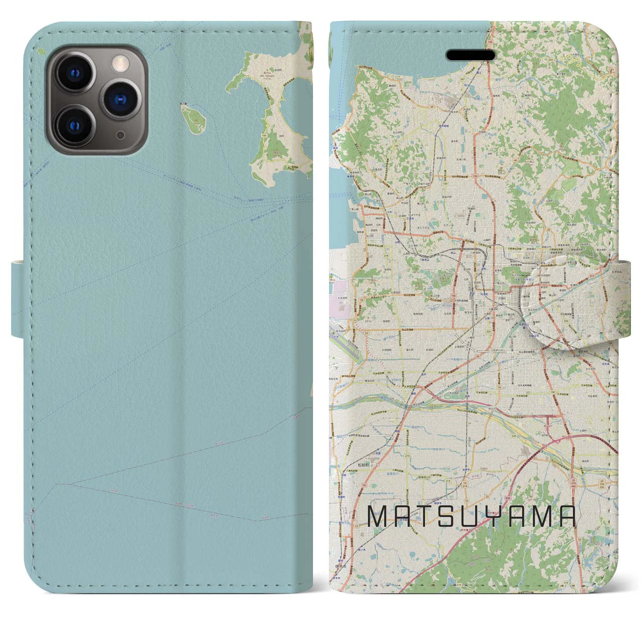 【松山（愛媛県）】地図柄iPhoneケース（手帳タイプ）ナチュラル・iPhone 11 Pro Max 用