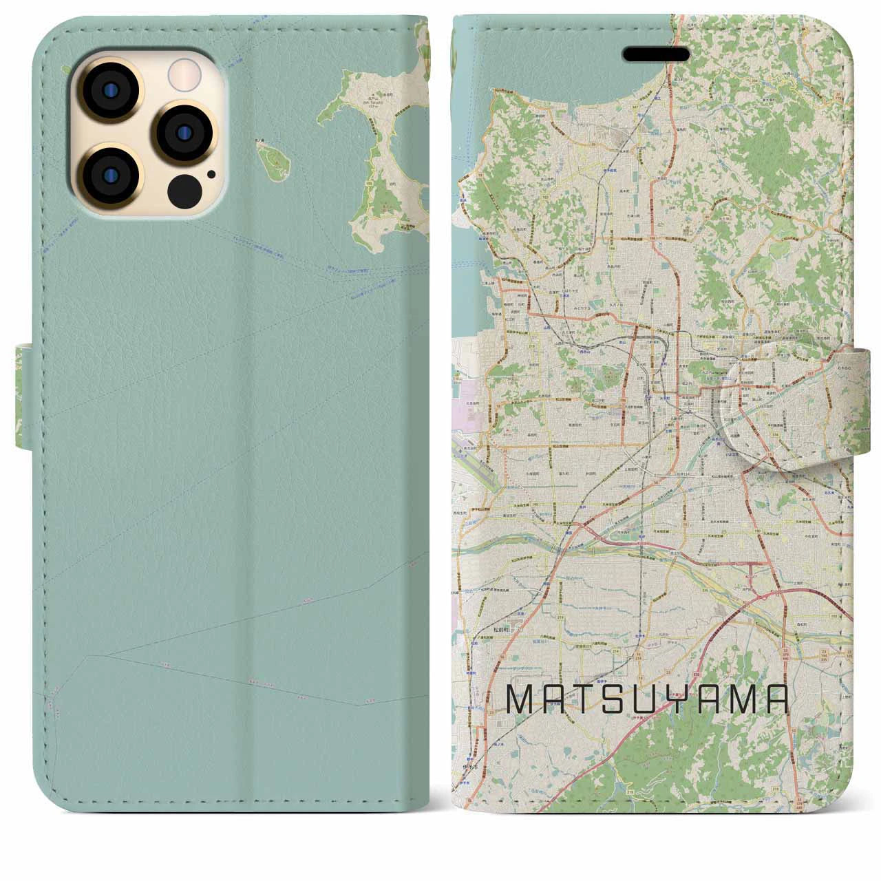 【松山（愛媛県）】地図柄iPhoneケース（手帳タイプ）ナチュラル・iPhone 12 Pro Max 用