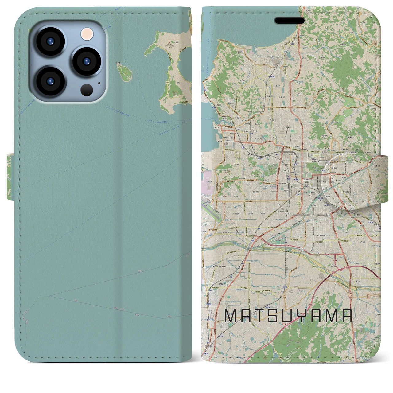 【松山（愛媛県）】地図柄iPhoneケース（手帳タイプ）ナチュラル・iPhone 13 Pro Max 用