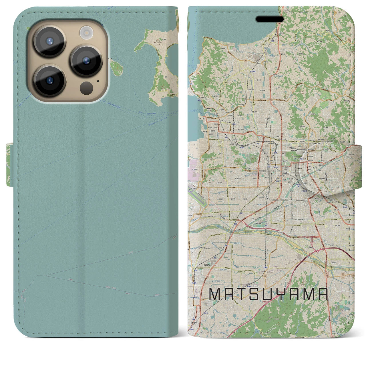 【松山（愛媛県）】地図柄iPhoneケース（手帳タイプ）ナチュラル・iPhone 14 Pro Max 用