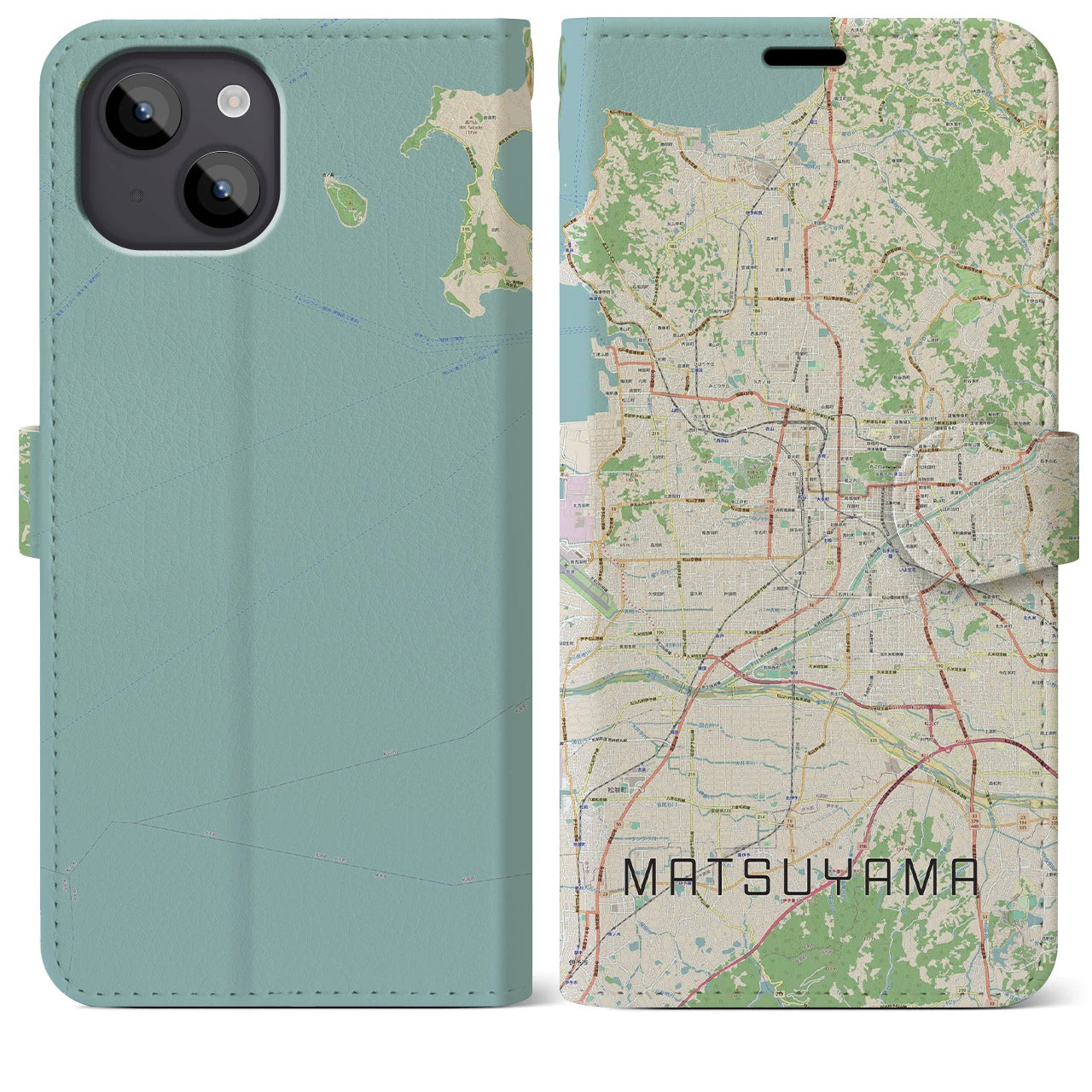 【松山（愛媛県）】地図柄iPhoneケース（手帳タイプ）ナチュラル・iPhone 14 Plus 用