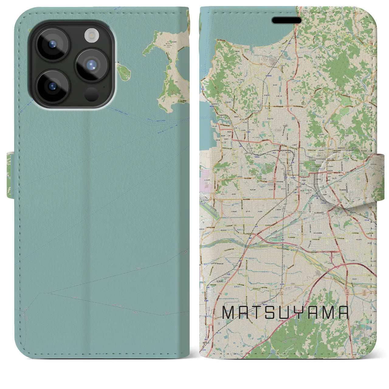 【松山（愛媛県）】地図柄iPhoneケース（手帳タイプ）ナチュラル・iPhone 15 Pro Max 用