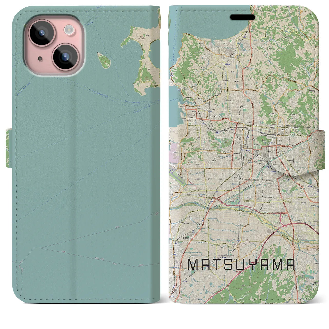 【松山（愛媛県）】地図柄iPhoneケース（手帳タイプ）ナチュラル・iPhone 15 Plus 用