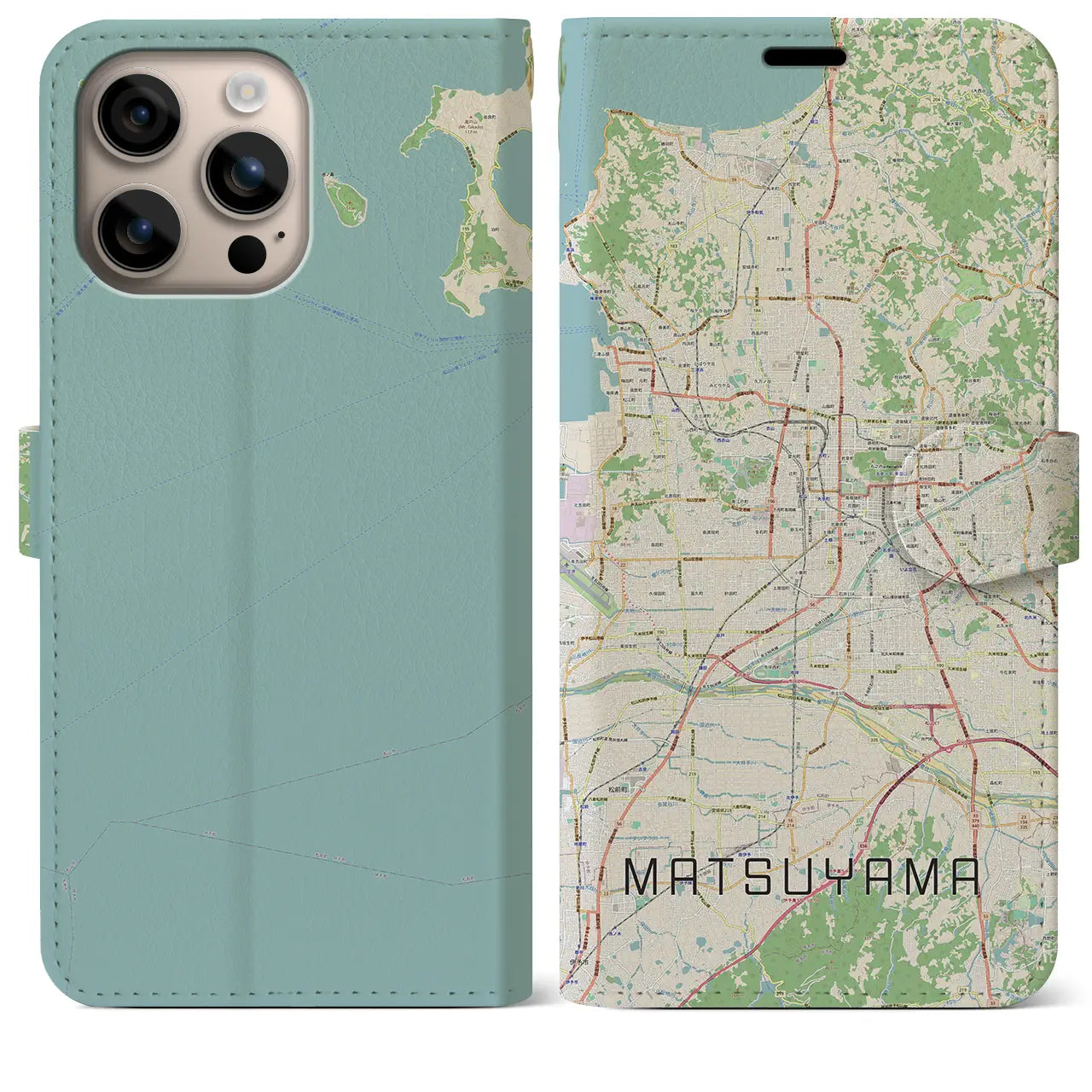 【松山（愛媛県）】地図柄iPhoneケース（手帳タイプ）ナチュラル・iPhone 16 Plus 用