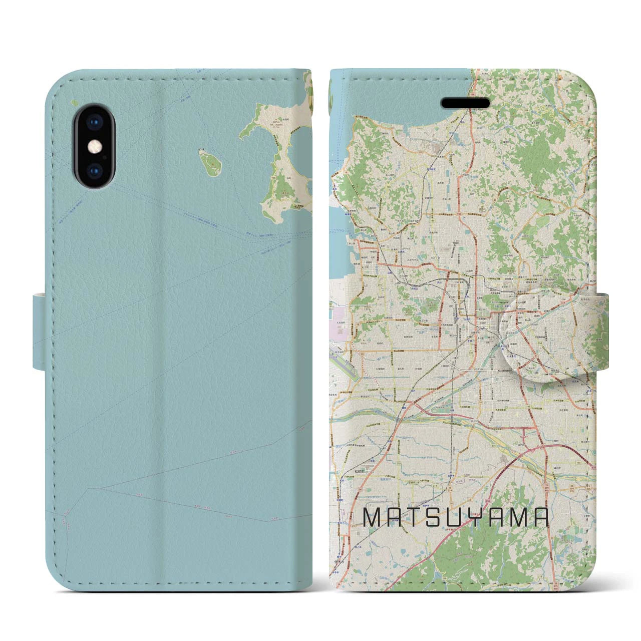 【松山（愛媛県）】地図柄iPhoneケース（手帳タイプ）ナチュラル・iPhone XS / X 用