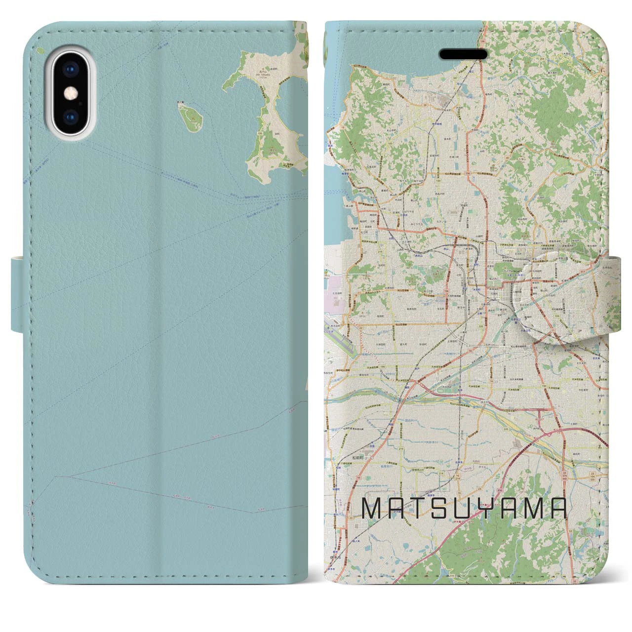 【松山（愛媛県）】地図柄iPhoneケース（手帳タイプ）ナチュラル・iPhone XS Max 用