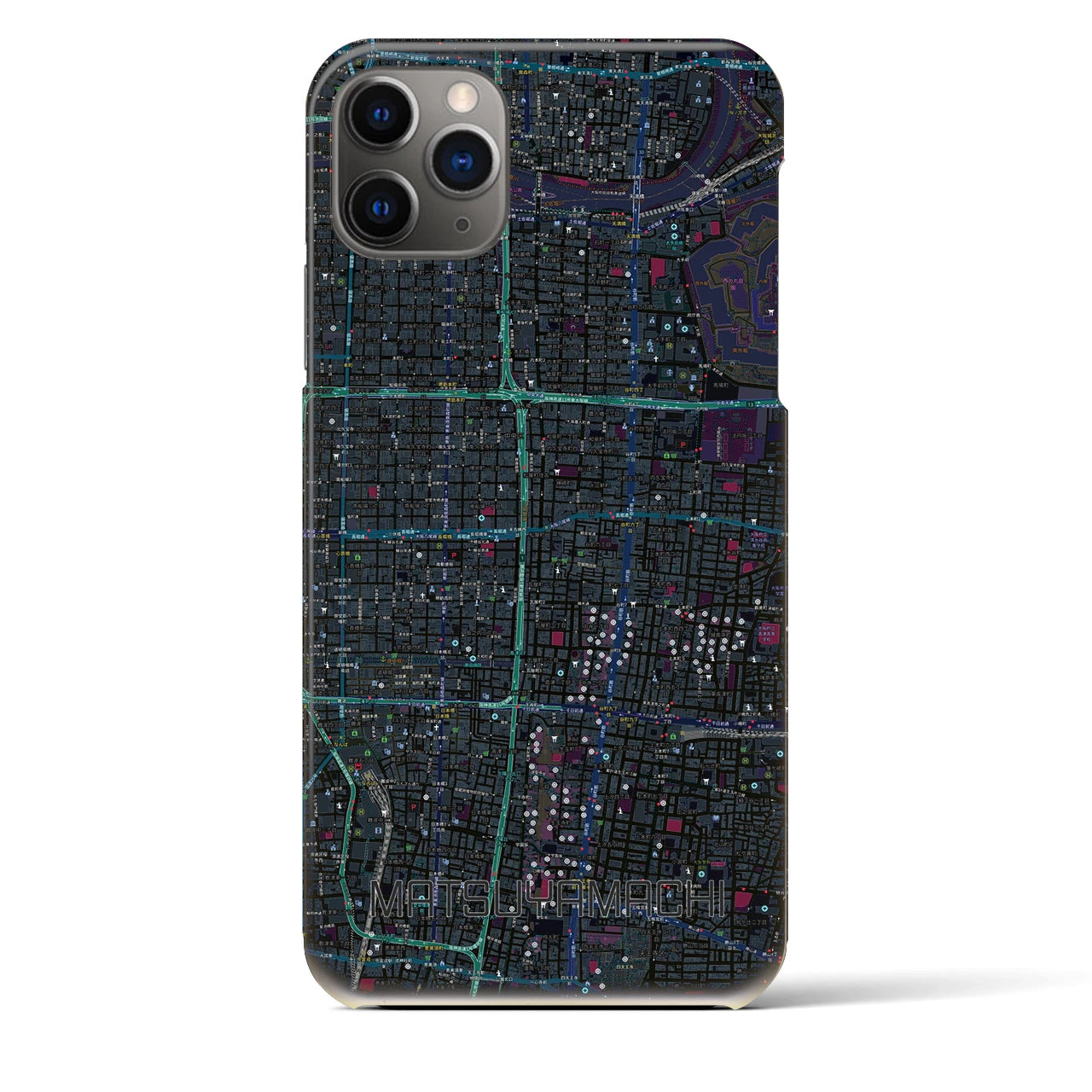 【松屋町】地図柄iPhoneケース（バックカバータイプ・ブラック）iPhone 11 Pro Max 用