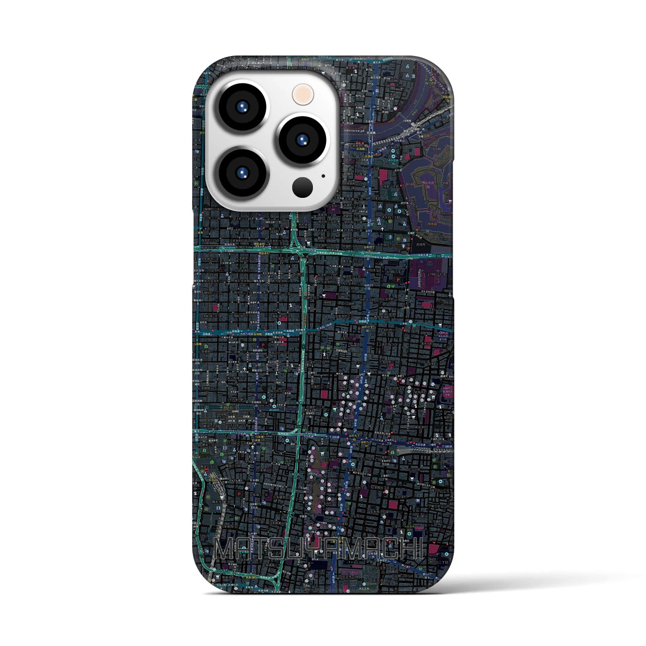 【松屋町】地図柄iPhoneケース（バックカバータイプ・ブラック）iPhone 13 Pro 用